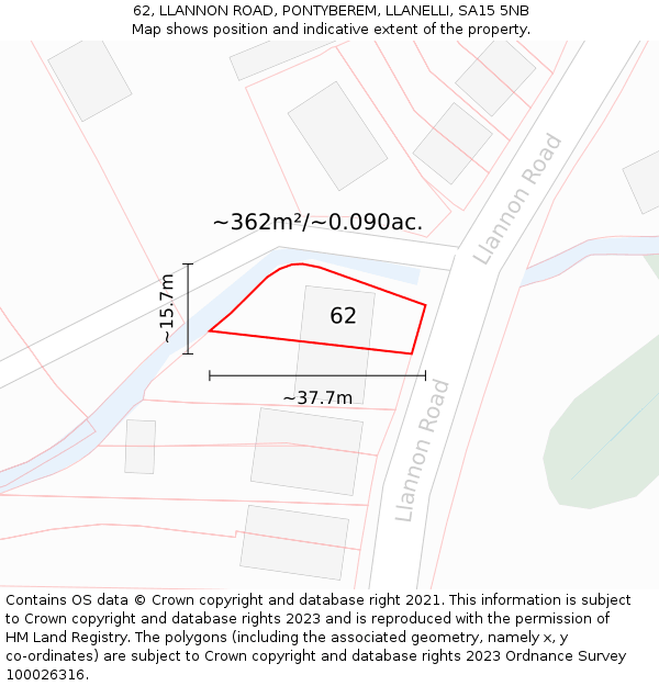 62, LLANNON ROAD, PONTYBEREM, LLANELLI, SA15 5NB: Plot and title map
