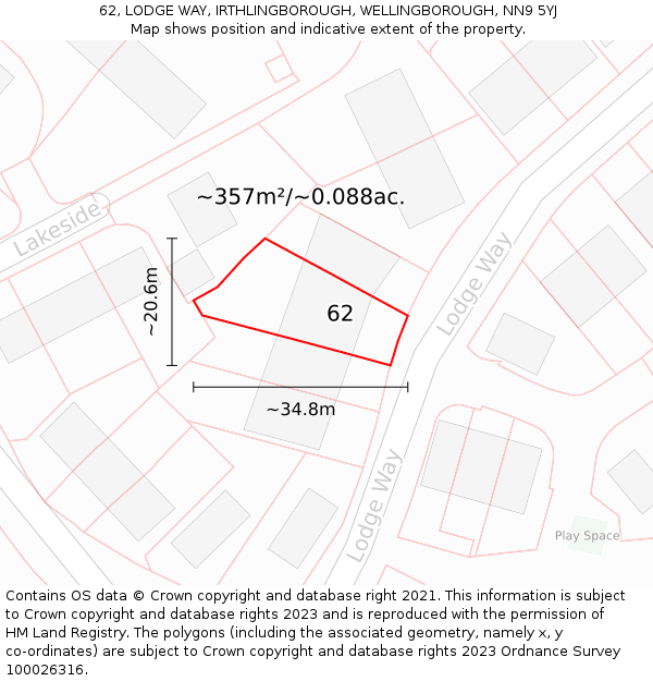 62, LODGE WAY, IRTHLINGBOROUGH, WELLINGBOROUGH, NN9 5YJ: Plot and title map