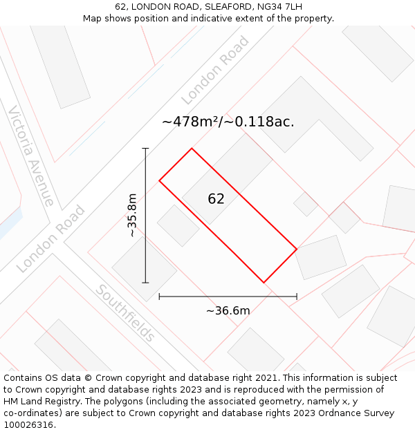 62, LONDON ROAD, SLEAFORD, NG34 7LH: Plot and title map