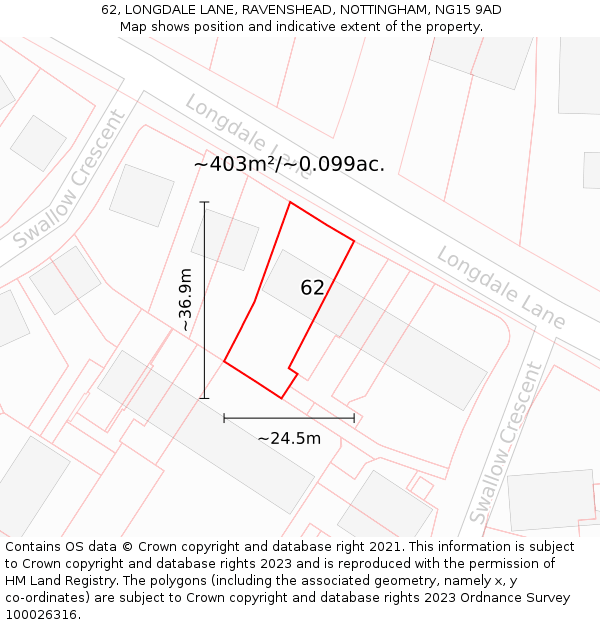 62, LONGDALE LANE, RAVENSHEAD, NOTTINGHAM, NG15 9AD: Plot and title map