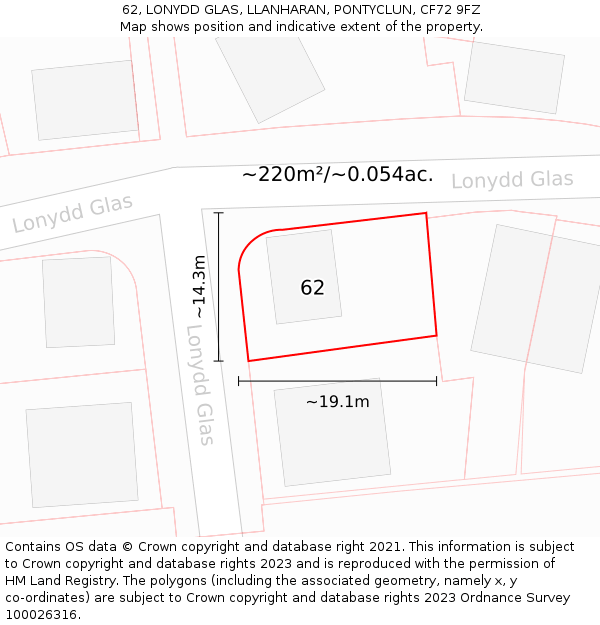 62, LONYDD GLAS, LLANHARAN, PONTYCLUN, CF72 9FZ: Plot and title map