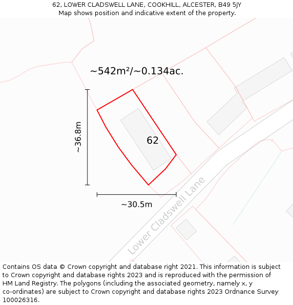 62, LOWER CLADSWELL LANE, COOKHILL, ALCESTER, B49 5JY: Plot and title map