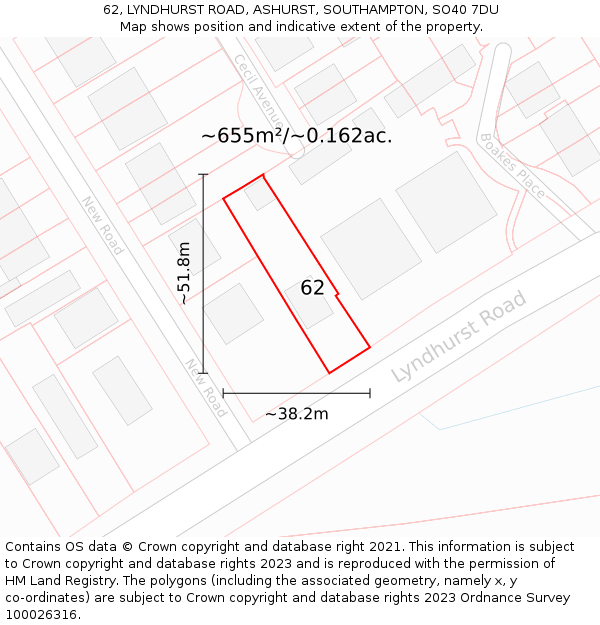 62, LYNDHURST ROAD, ASHURST, SOUTHAMPTON, SO40 7DU: Plot and title map