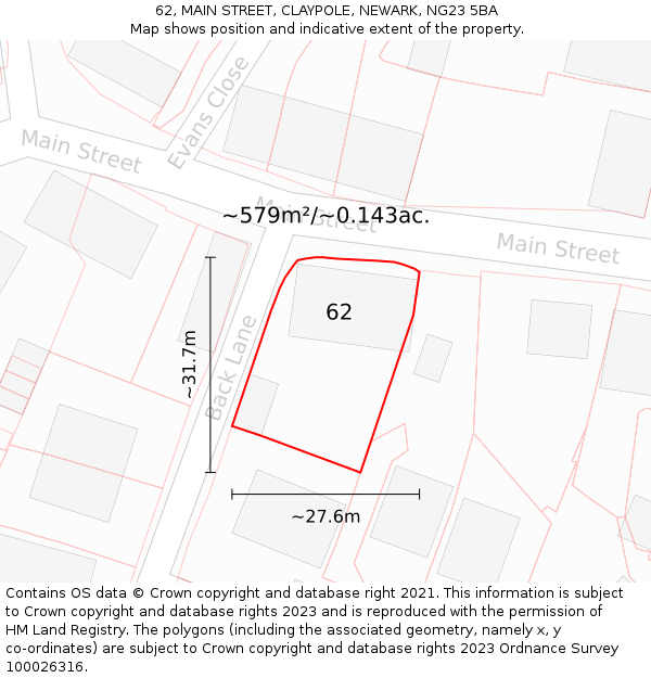 62, MAIN STREET, CLAYPOLE, NEWARK, NG23 5BA: Plot and title map