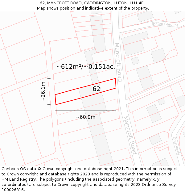 62, MANCROFT ROAD, CADDINGTON, LUTON, LU1 4EL: Plot and title map