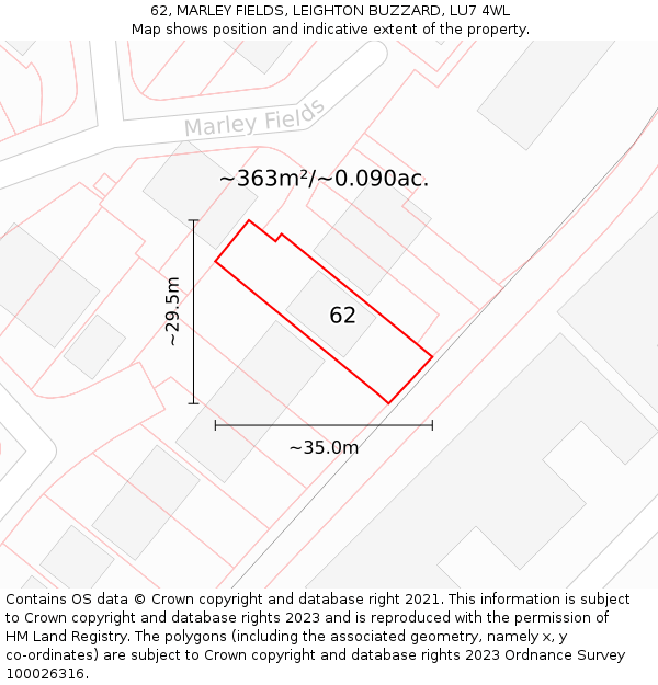 62, MARLEY FIELDS, LEIGHTON BUZZARD, LU7 4WL: Plot and title map