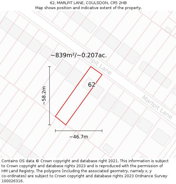 62, MARLPIT LANE, COULSDON, CR5 2HB: Plot and title map