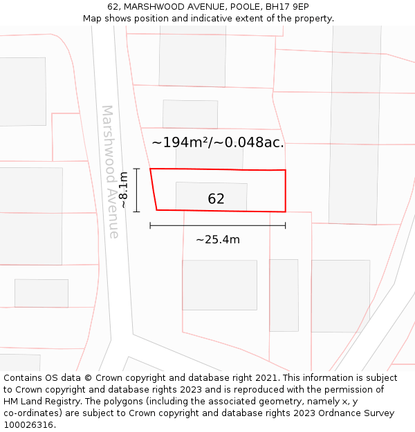 62, MARSHWOOD AVENUE, POOLE, BH17 9EP: Plot and title map