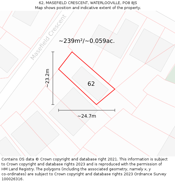 62, MASEFIELD CRESCENT, WATERLOOVILLE, PO8 8JS: Plot and title map