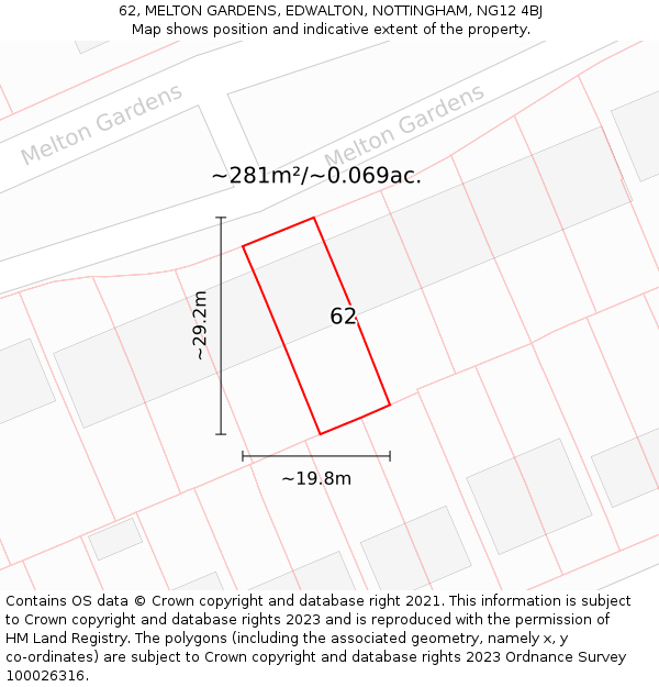 62, MELTON GARDENS, EDWALTON, NOTTINGHAM, NG12 4BJ: Plot and title map