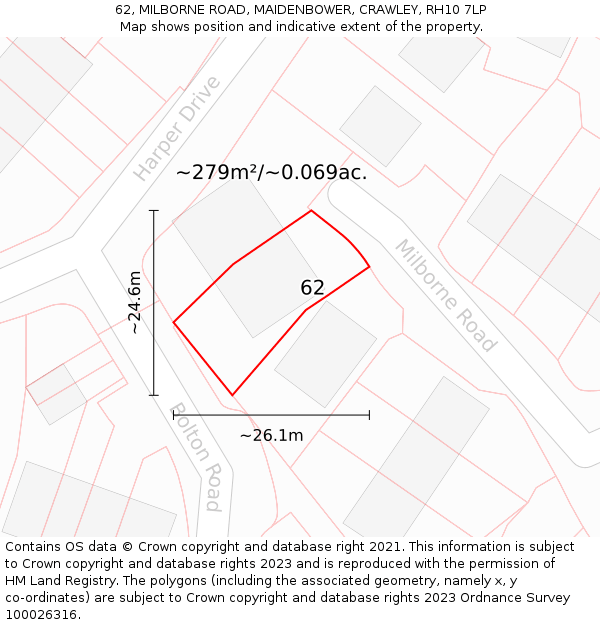 62, MILBORNE ROAD, MAIDENBOWER, CRAWLEY, RH10 7LP: Plot and title map