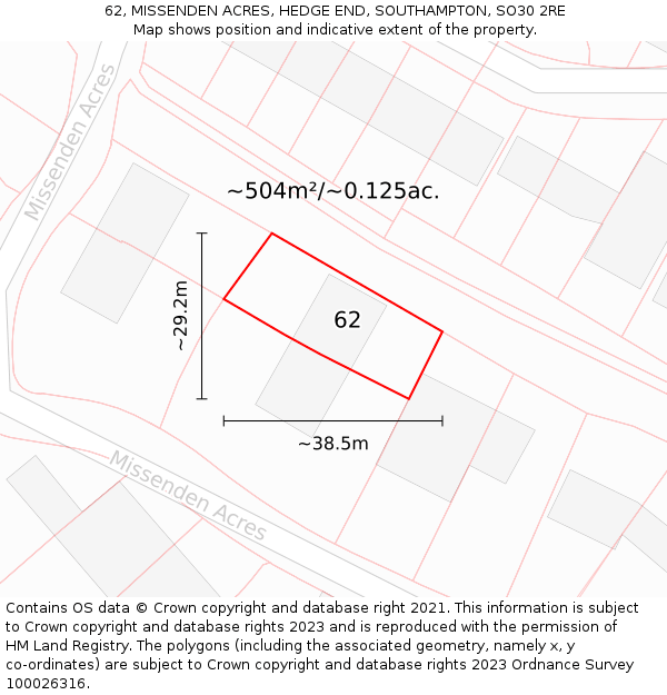 62, MISSENDEN ACRES, HEDGE END, SOUTHAMPTON, SO30 2RE: Plot and title map