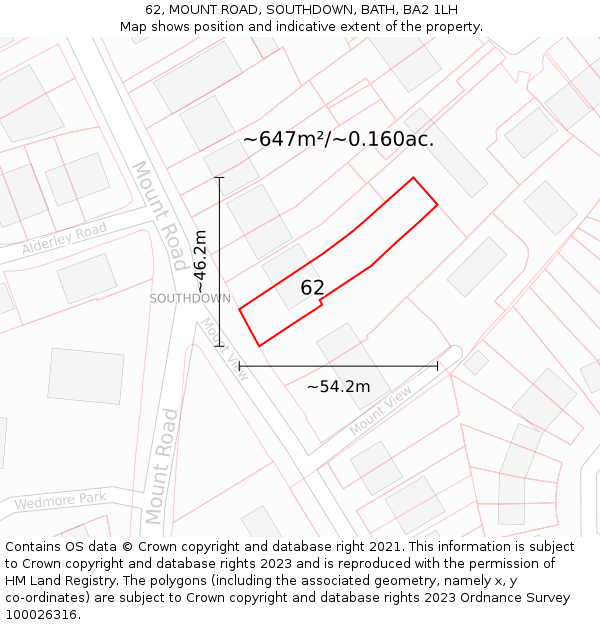 62, MOUNT ROAD, SOUTHDOWN, BATH, BA2 1LH: Plot and title map