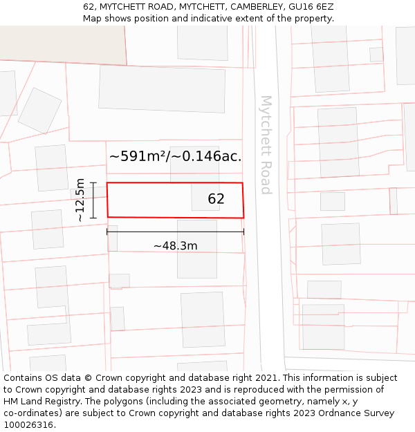 62, MYTCHETT ROAD, MYTCHETT, CAMBERLEY, GU16 6EZ: Plot and title map