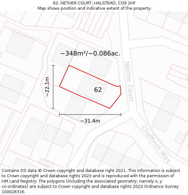 62, NETHER COURT, HALSTEAD, CO9 2HF: Plot and title map