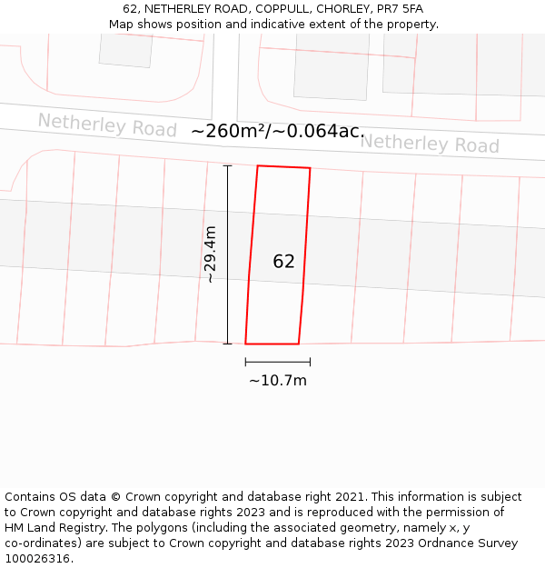 62, NETHERLEY ROAD, COPPULL, CHORLEY, PR7 5FA: Plot and title map