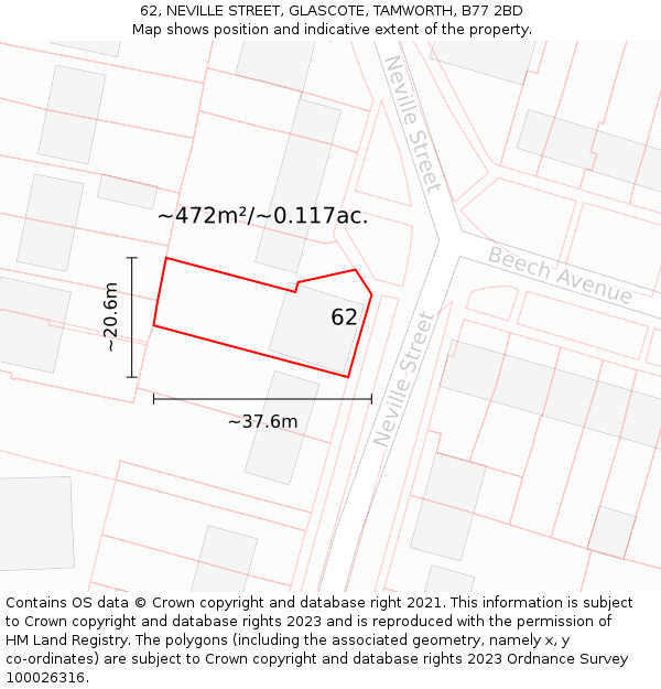 62, NEVILLE STREET, GLASCOTE, TAMWORTH, B77 2BD: Plot and title map