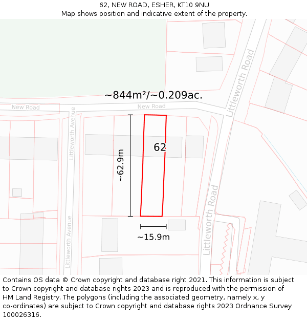 62, NEW ROAD, ESHER, KT10 9NU: Plot and title map