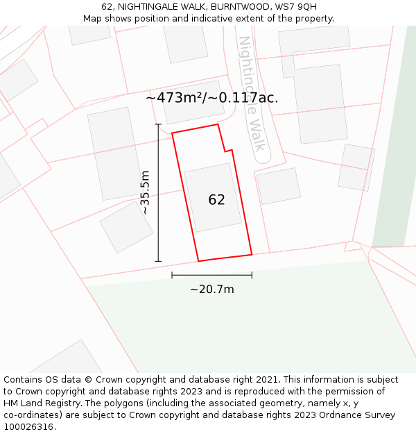 62, NIGHTINGALE WALK, BURNTWOOD, WS7 9QH: Plot and title map