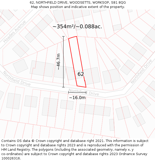 62, NORTHFIELD DRIVE, WOODSETTS, WORKSOP, S81 8QG: Plot and title map