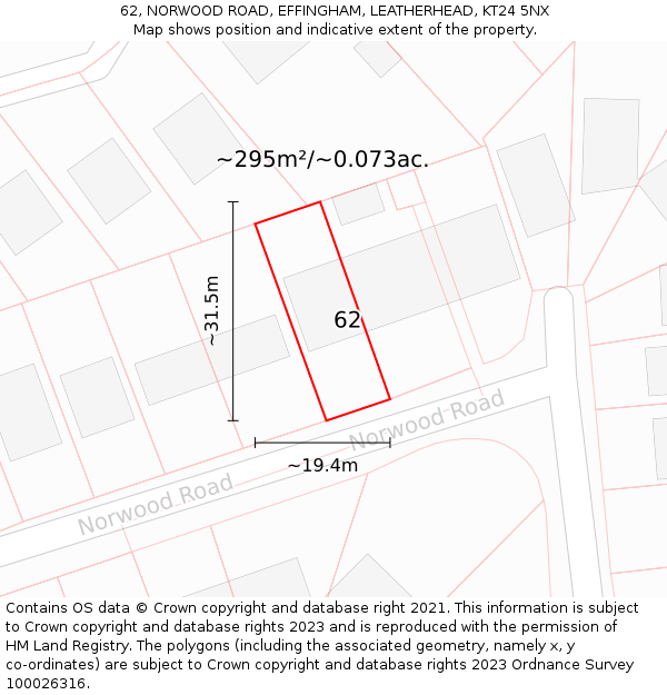 62, NORWOOD ROAD, EFFINGHAM, LEATHERHEAD, KT24 5NX: Plot and title map