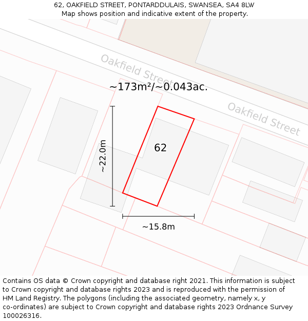 62, OAKFIELD STREET, PONTARDDULAIS, SWANSEA, SA4 8LW: Plot and title map