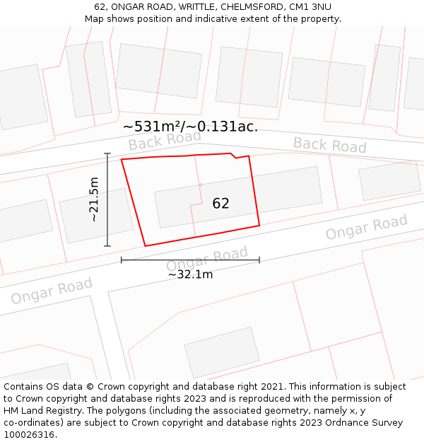 62, ONGAR ROAD, WRITTLE, CHELMSFORD, CM1 3NU: Plot and title map