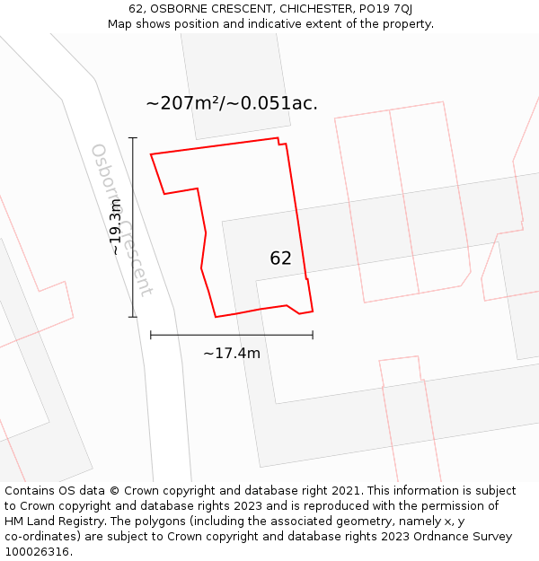 62, OSBORNE CRESCENT, CHICHESTER, PO19 7QJ: Plot and title map