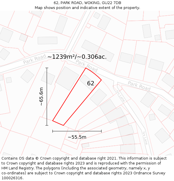 62, PARK ROAD, WOKING, GU22 7DB: Plot and title map