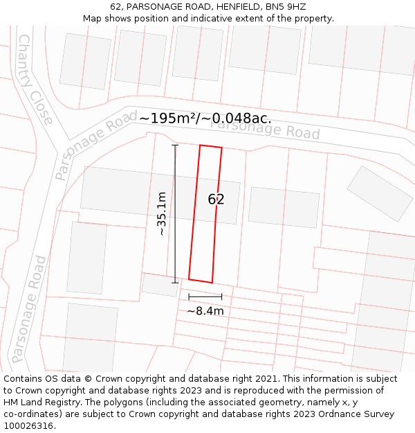 62, PARSONAGE ROAD, HENFIELD, BN5 9HZ: Plot and title map