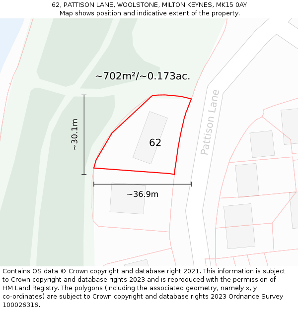 62, PATTISON LANE, WOOLSTONE, MILTON KEYNES, MK15 0AY: Plot and title map