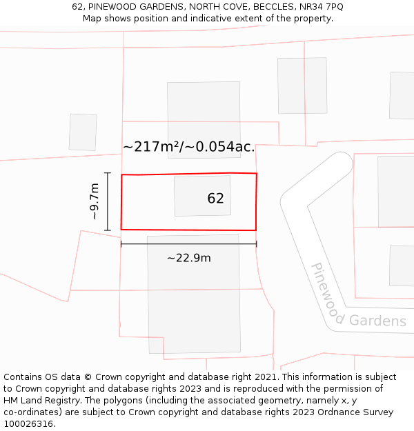 62, PINEWOOD GARDENS, NORTH COVE, BECCLES, NR34 7PQ: Plot and title map