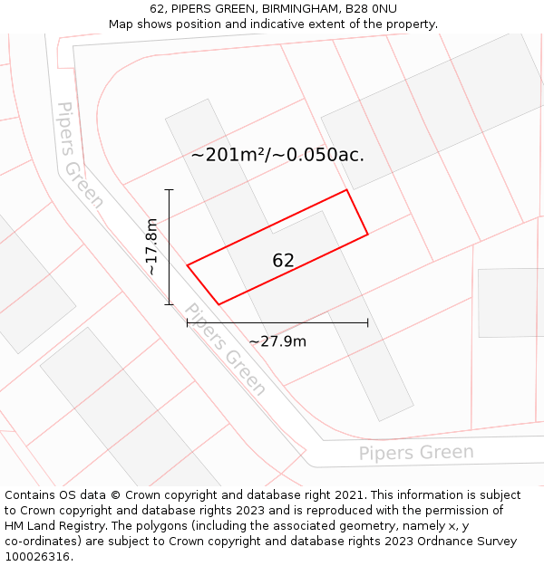 62, PIPERS GREEN, BIRMINGHAM, B28 0NU: Plot and title map