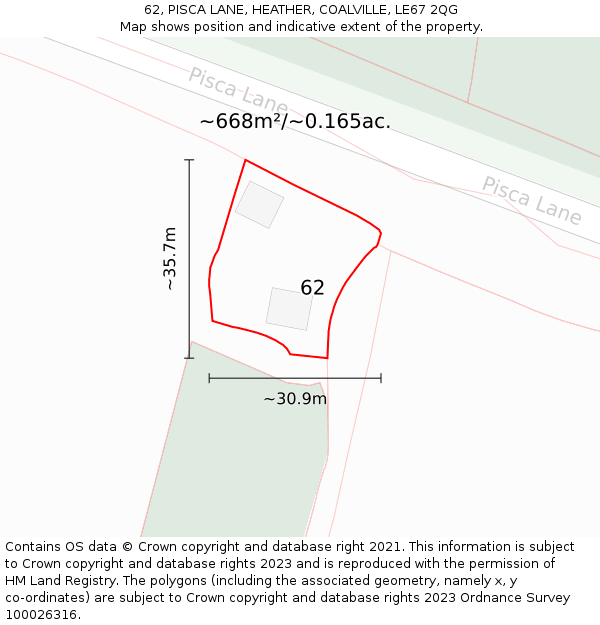 62, PISCA LANE, HEATHER, COALVILLE, LE67 2QG: Plot and title map