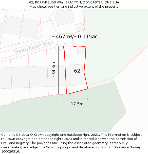 62, POPPYFIELDS WAY, BRANTON, DONCASTER, DN3 3UA: Plot and title map