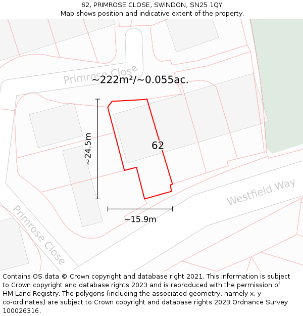 62, PRIMROSE CLOSE, SWINDON, SN25 1QY: Plot and title map