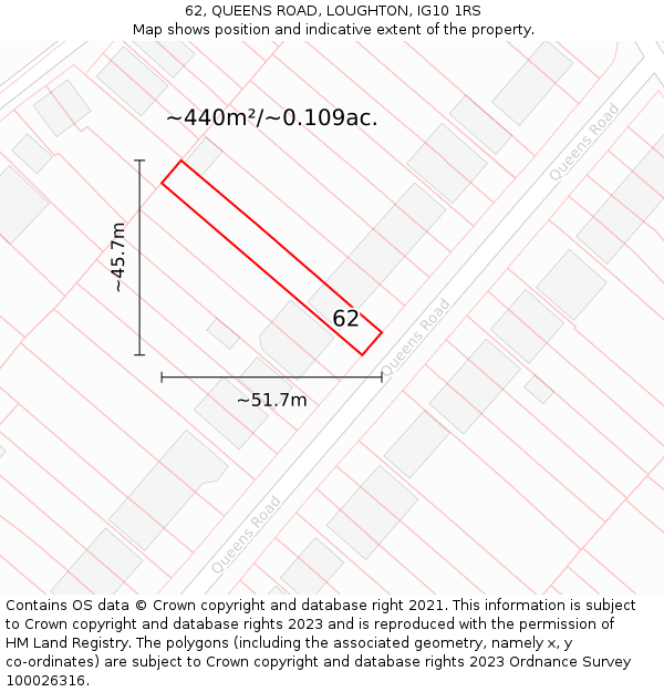 62, QUEENS ROAD, LOUGHTON, IG10 1RS: Plot and title map