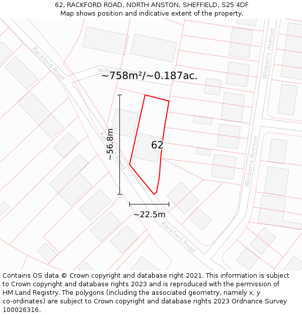 62, RACKFORD ROAD, NORTH ANSTON, SHEFFIELD, S25 4DF: Plot and title map