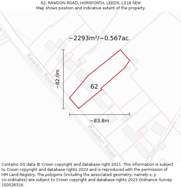 62, RAWDON ROAD, HORSFORTH, LEEDS, LS18 5EW: Plot and title map