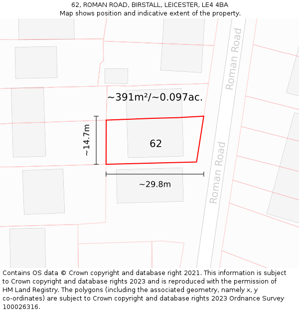 62, ROMAN ROAD, BIRSTALL, LEICESTER, LE4 4BA: Plot and title map