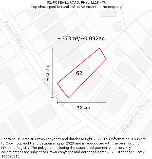 62, ROSEHILL ROAD, RHYL, LL18 4TR: Plot and title map