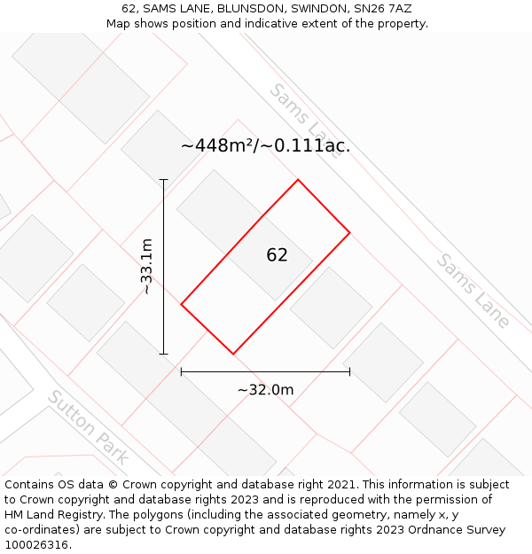 62, SAMS LANE, BLUNSDON, SWINDON, SN26 7AZ: Plot and title map