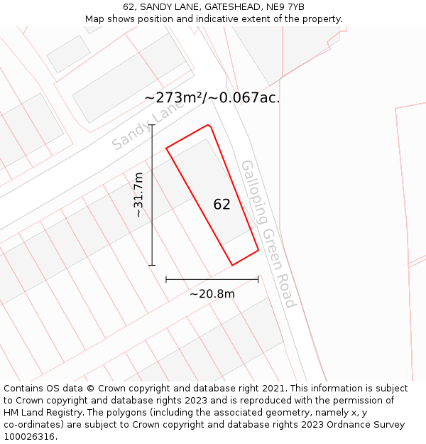 62, SANDY LANE, GATESHEAD, NE9 7YB: Plot and title map