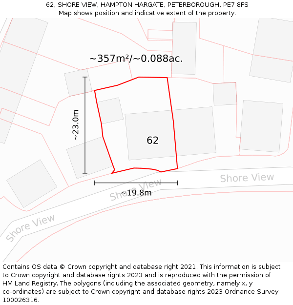 62, SHORE VIEW, HAMPTON HARGATE, PETERBOROUGH, PE7 8FS: Plot and title map