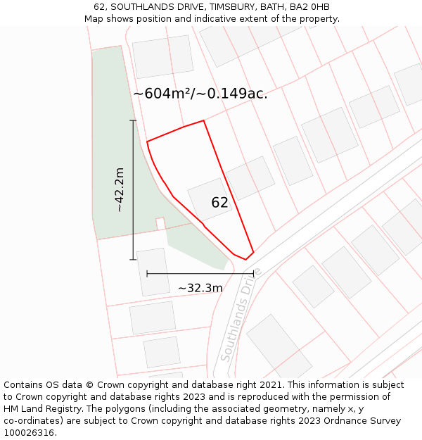 62, SOUTHLANDS DRIVE, TIMSBURY, BATH, BA2 0HB: Plot and title map