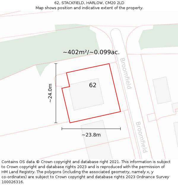 62, STACKFIELD, HARLOW, CM20 2LD: Plot and title map