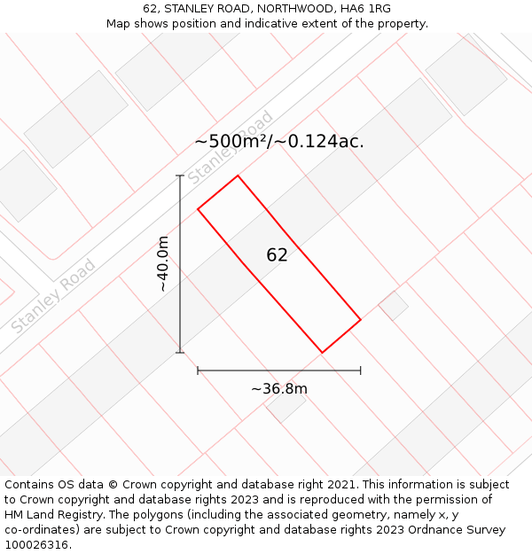 62, STANLEY ROAD, NORTHWOOD, HA6 1RG: Plot and title map