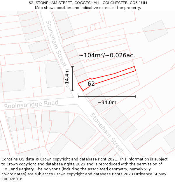 62, STONEHAM STREET, COGGESHALL, COLCHESTER, CO6 1UH: Plot and title map