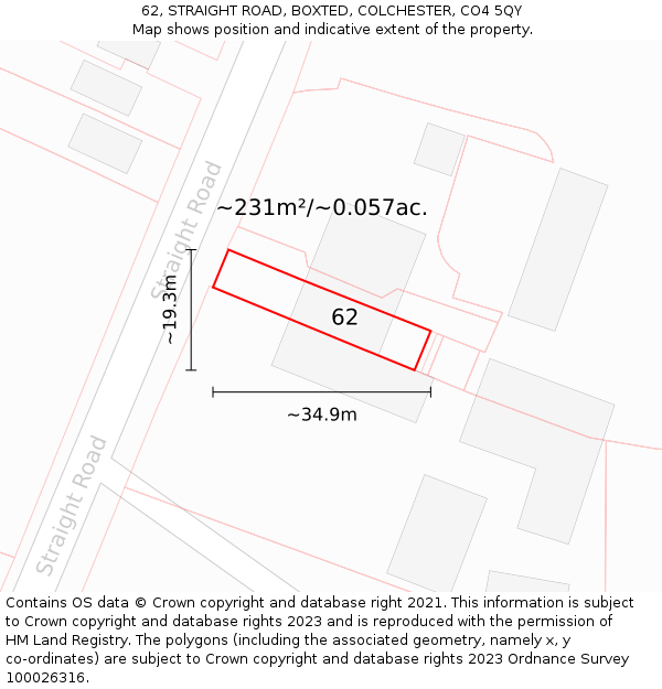 62, STRAIGHT ROAD, BOXTED, COLCHESTER, CO4 5QY: Plot and title map