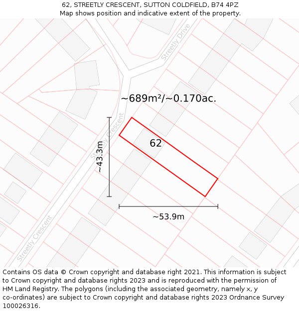 62, STREETLY CRESCENT, SUTTON COLDFIELD, B74 4PZ: Plot and title map